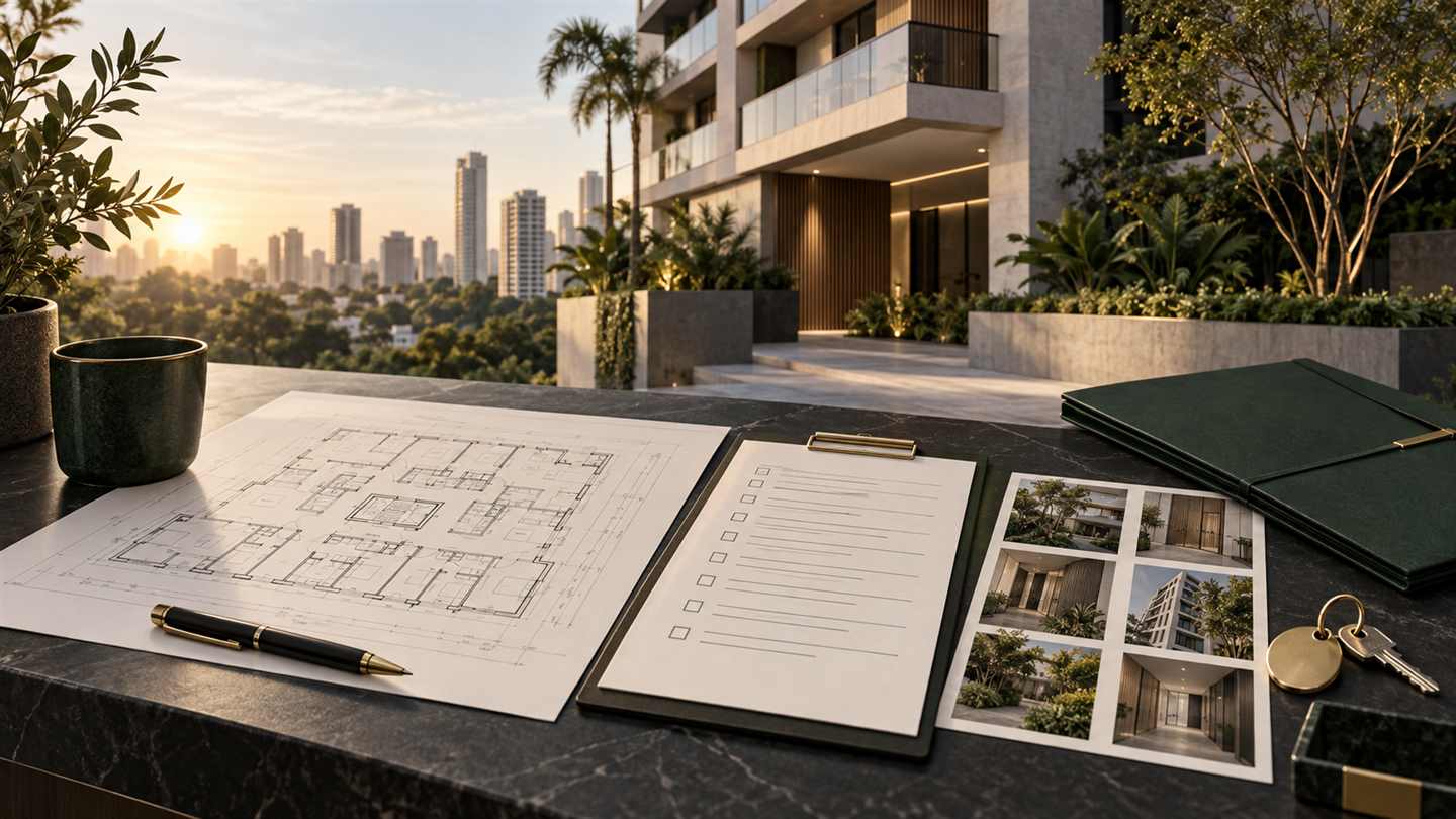 Building plans, a checklist, photographs and keys on a table in front of a contemporary multifamily building.